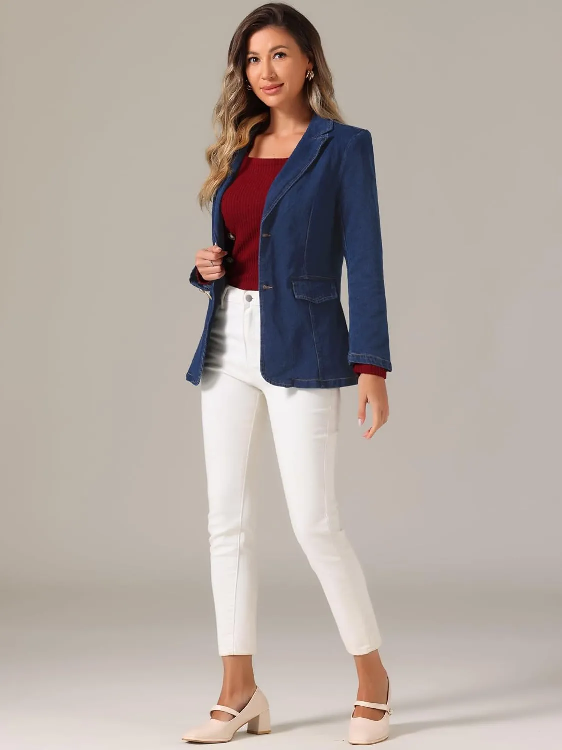 Allegra K Notched Lapel Blazer for Women's Denim Single Breasted Shoulder Pad Business Casual Jackets