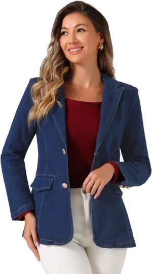 Allegra K Notched Lapel Blazer for Women's Denim Single Breasted Shoulder Pad Business Casual Jackets