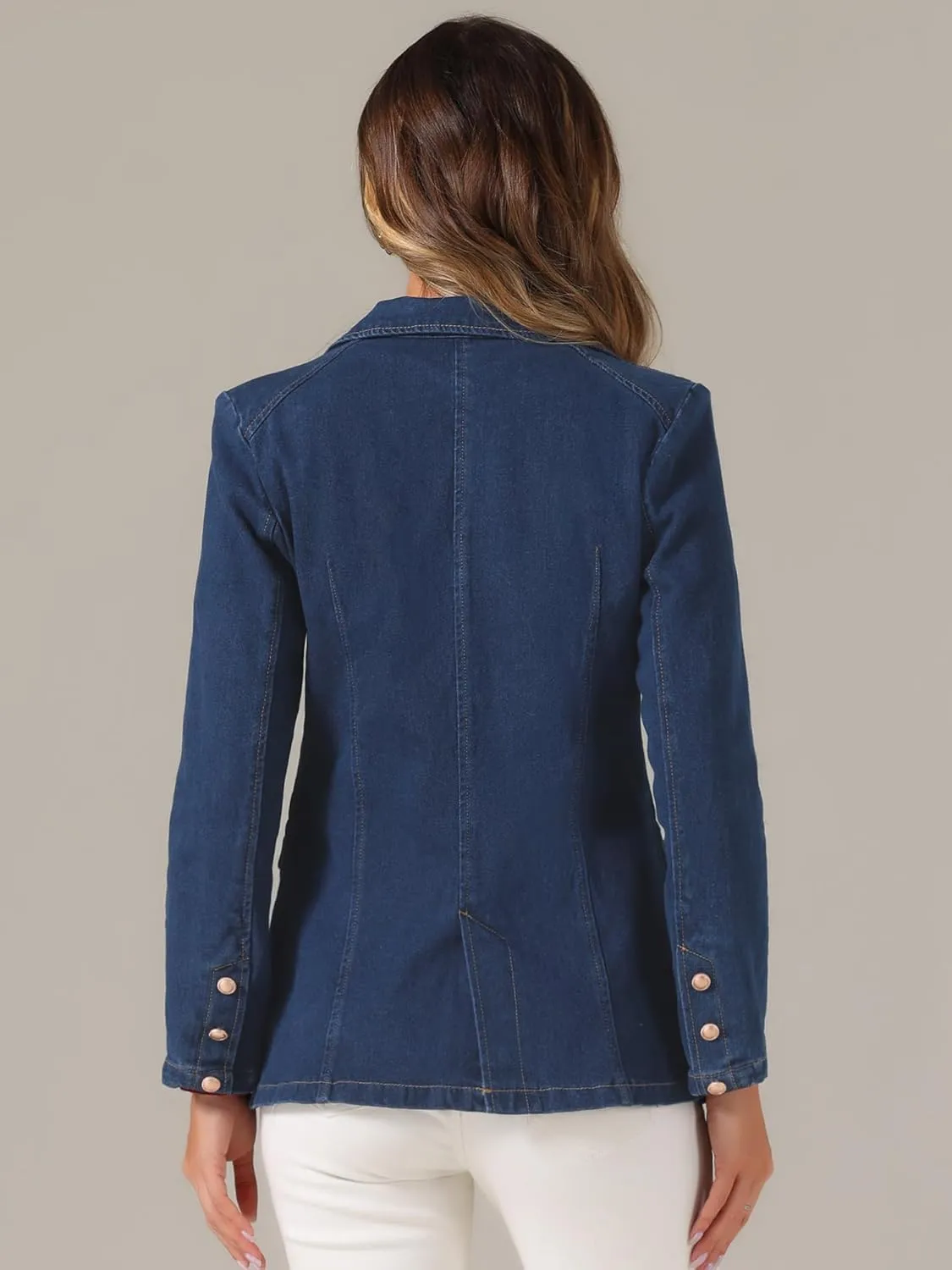 Allegra K Notched Lapel Blazer for Women's Denim Single Breasted Shoulder Pad Business Casual Jackets