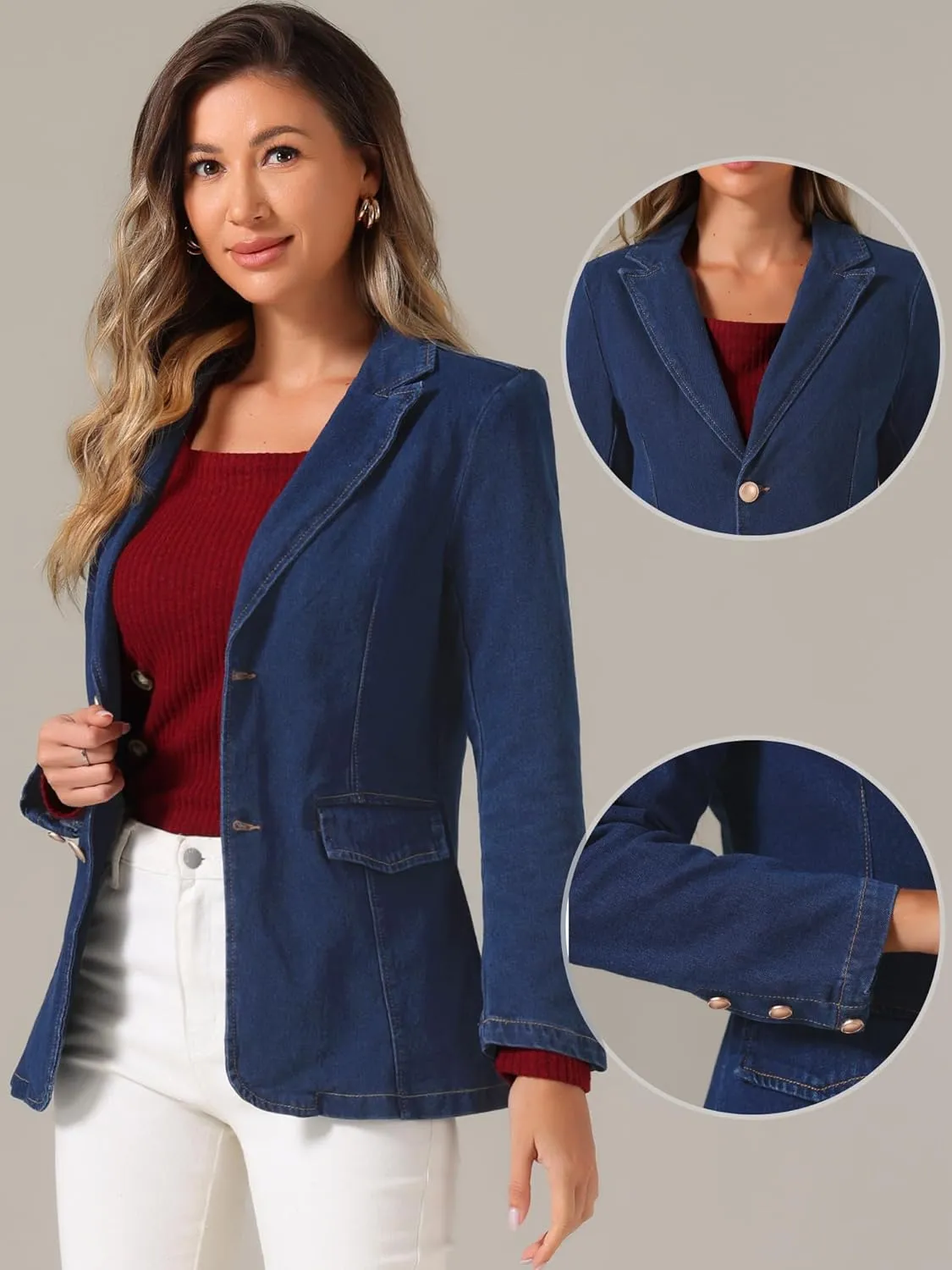 Allegra K Notched Lapel Blazer for Women's Denim Single Breasted Shoulder Pad Business Casual Jackets