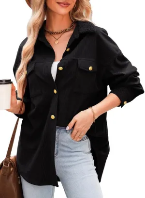 Dokotoo Womens Corduroy Shirts Casual Button Down Blouses Long Sleeve Oversized Tops with Pockets