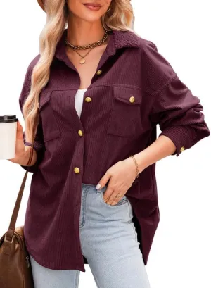 Dokotoo Womens Corduroy Shirts Casual Button Down Blouses Long Sleeve Oversized Tops with Pockets
