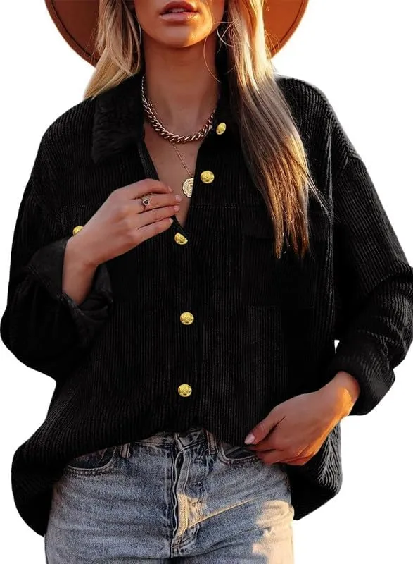 Dokotoo Womens Corduroy Shirts Casual Button Down Blouses Long Sleeve Oversized Tops with Pockets