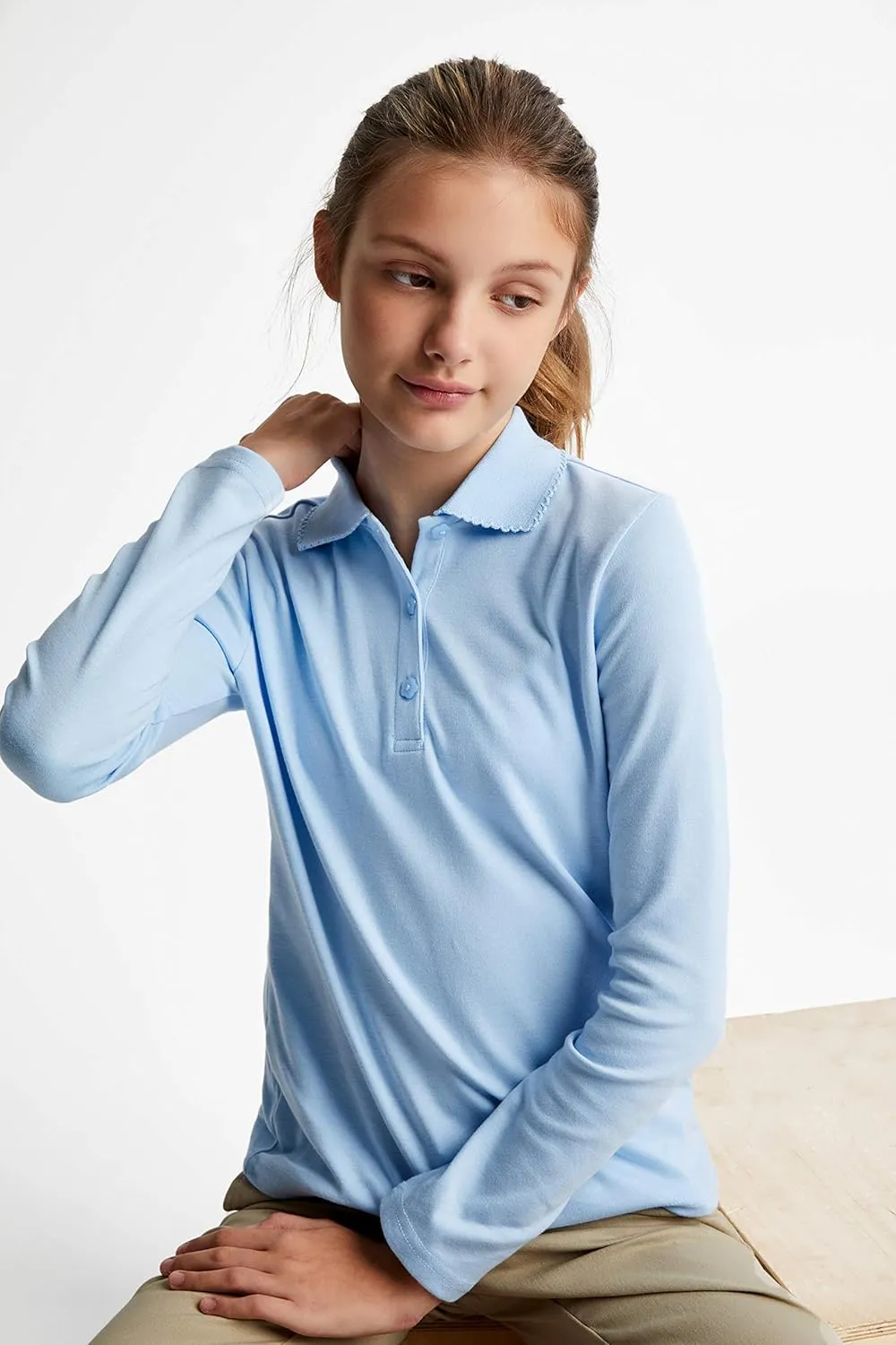 French Toast Girls' Uniform Long Sleeve Polo with Picot Collar (Standard & Plus)