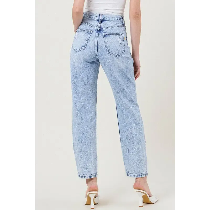 High Waisted Straight Leg Acid Wash Jean