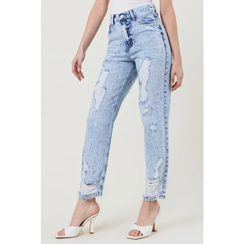 High Waisted Straight Leg Acid Wash Jean