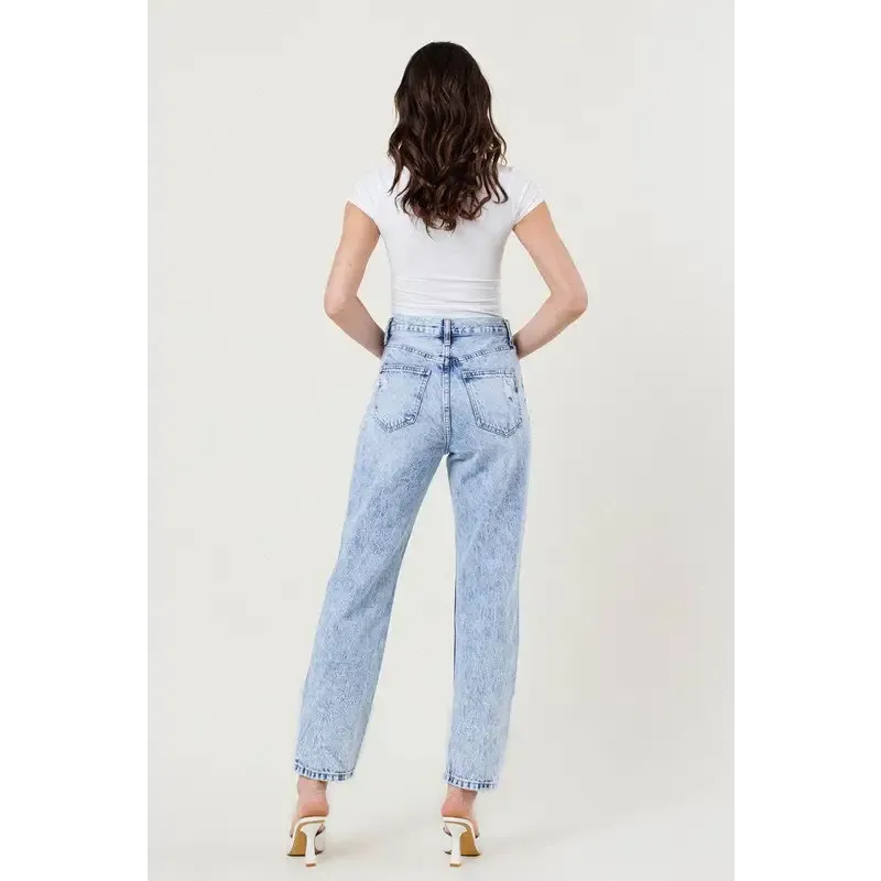 High Waisted Straight Leg Acid Wash Jean