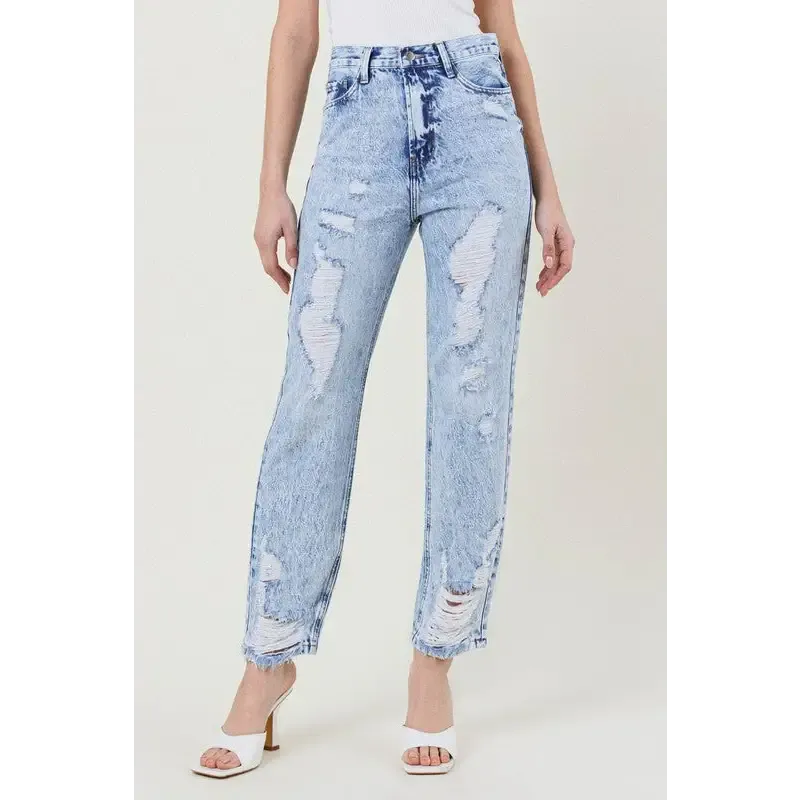 High Waisted Straight Leg Acid Wash Jean