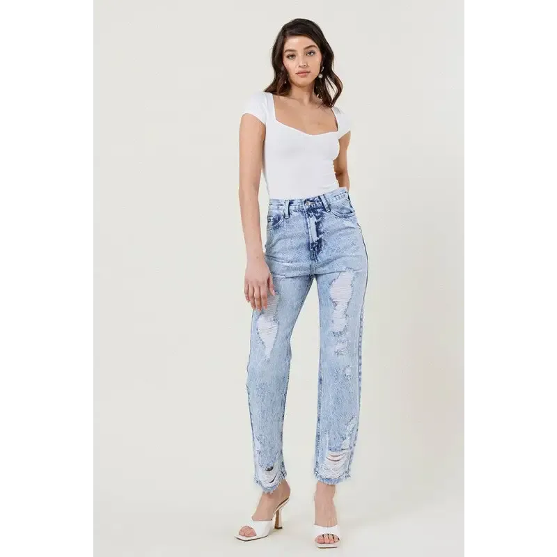 High Waisted Straight Leg Acid Wash Jean