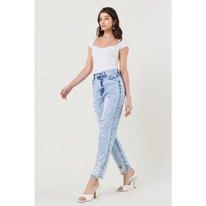 High Waisted Straight Leg Acid Wash Jean