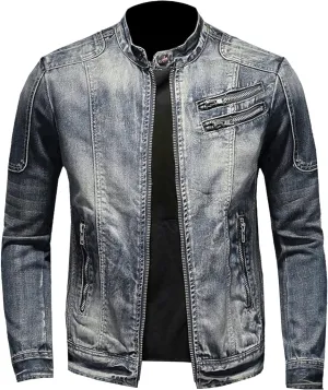 JEKE-DG Men's Full Zip Slim Fit Classic Jean Jacket Stand Collar Distressed Denim Jacket Vintage Warm Outdoor Jackets