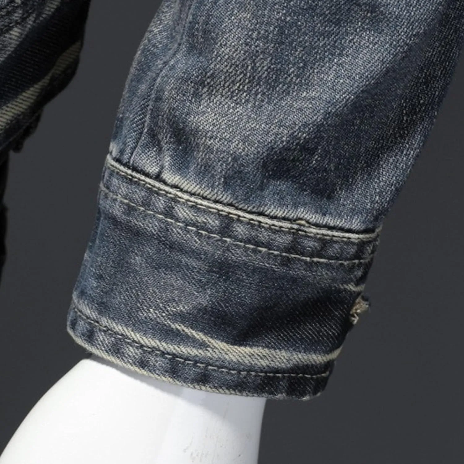 JEKE-DG Men's Full Zip Slim Fit Classic Jean Jacket Stand Collar Distressed Denim Jacket Vintage Warm Outdoor Jackets