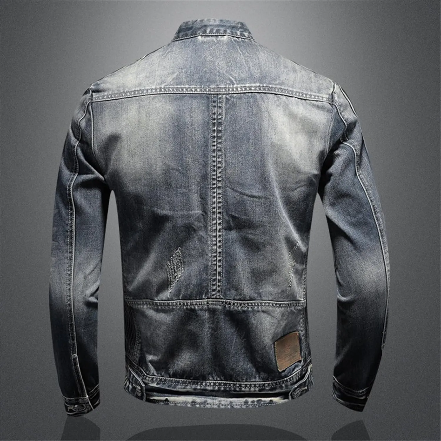 JEKE-DG Men's Full Zip Slim Fit Classic Jean Jacket Stand Collar Distressed Denim Jacket Vintage Warm Outdoor Jackets