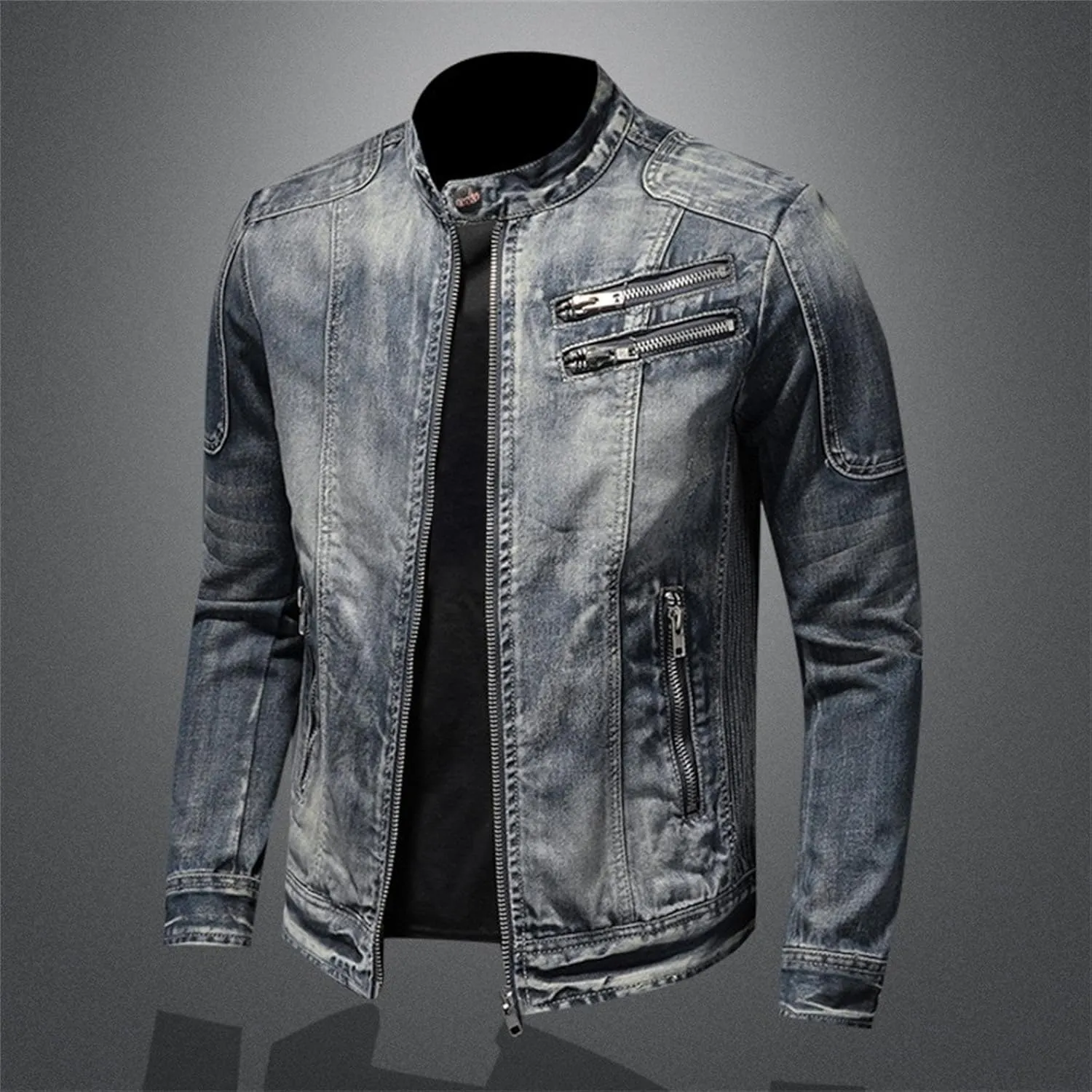 JEKE-DG Men's Full Zip Slim Fit Classic Jean Jacket Stand Collar Distressed Denim Jacket Vintage Warm Outdoor Jackets