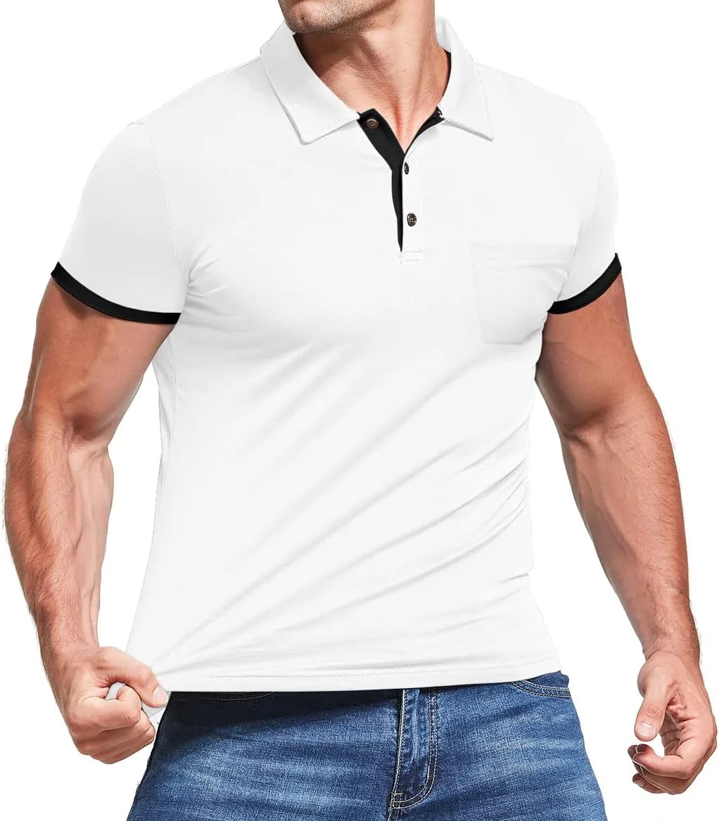 KUYIGO Men's Short&Long Sleeve Polo Shirts Casual Slim Fit Solid Soft Button Cotton Pocket Collared Shirt