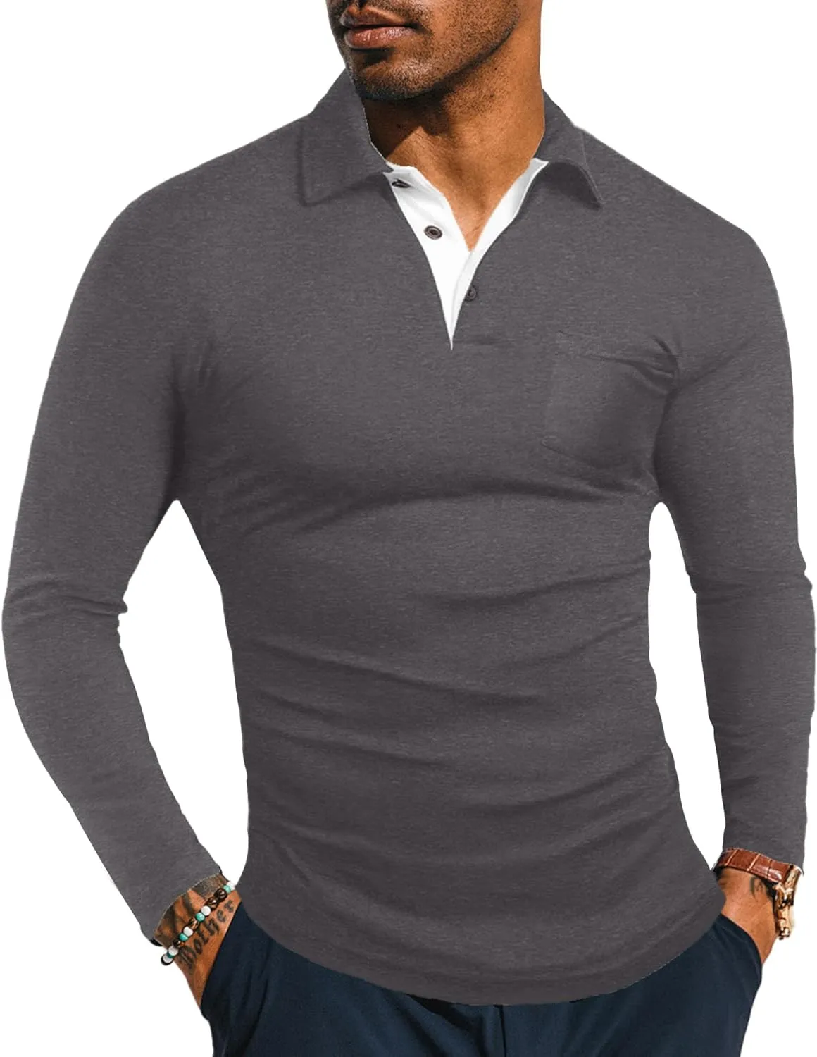KUYIGO Men's Short&Long Sleeve Polo Shirts Casual Slim Fit Solid Soft Button Cotton Pocket Collared Shirt