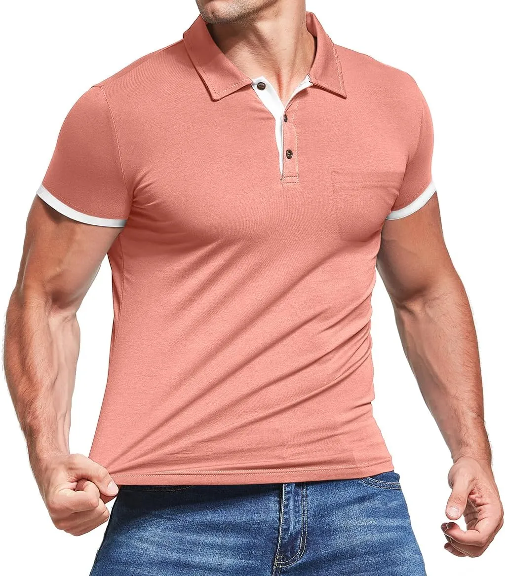 KUYIGO Men's Short&Long Sleeve Polo Shirts Casual Slim Fit Solid Soft Button Cotton Pocket Collared Shirt