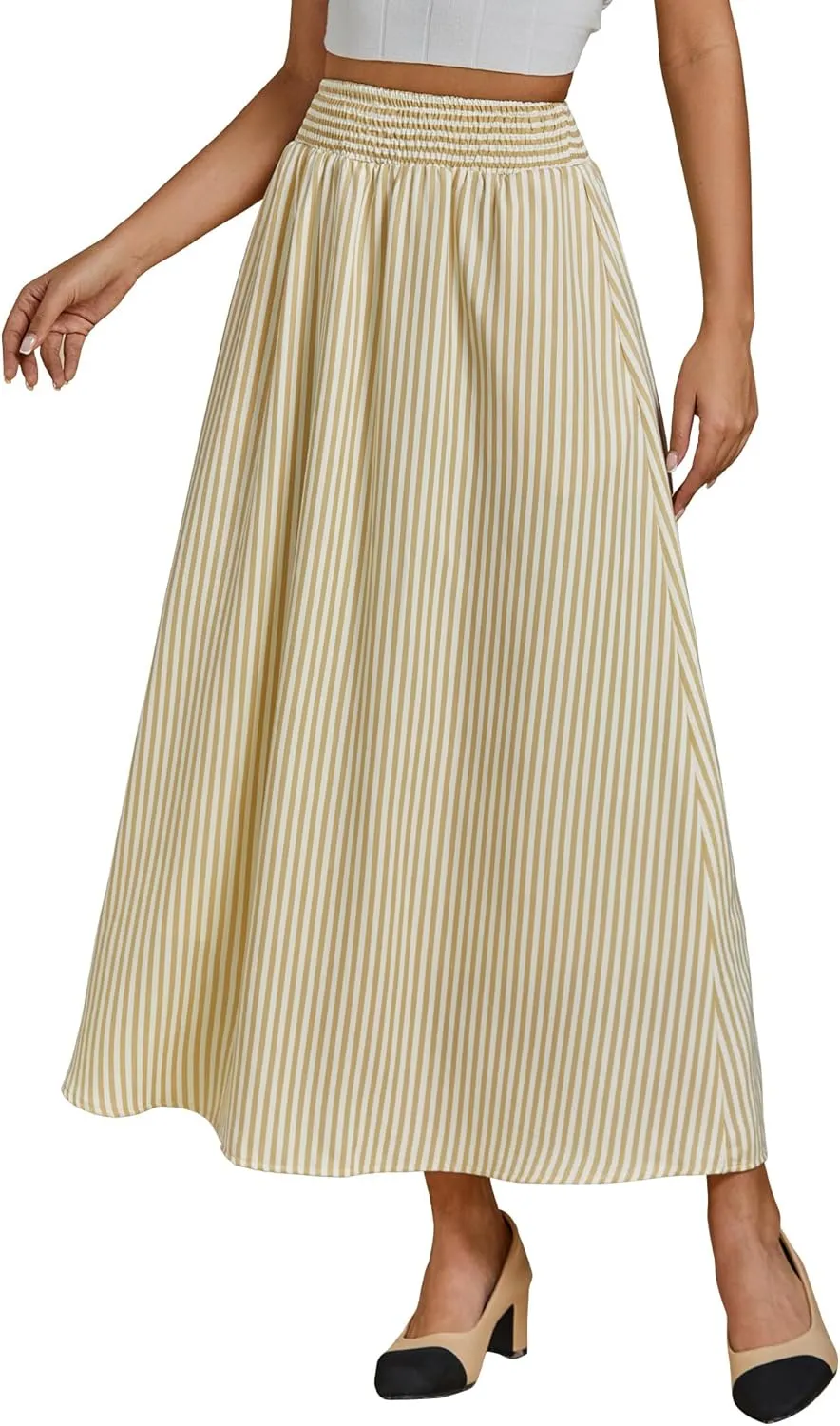 luvamia Striped Skirts for Women Maxi Long Flowy Trendy Smocked Elastic Waist Summer Beach Vacation Skirt with Pockets