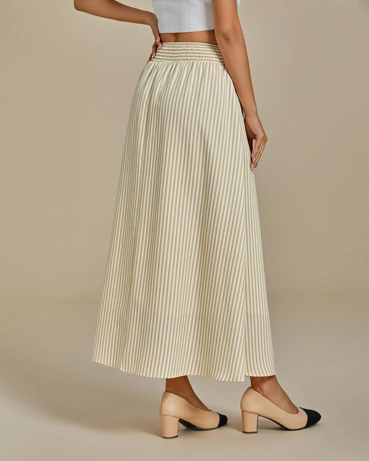 luvamia Striped Skirts for Women Maxi Long Flowy Trendy Smocked Elastic Waist Summer Beach Vacation Skirt with Pockets