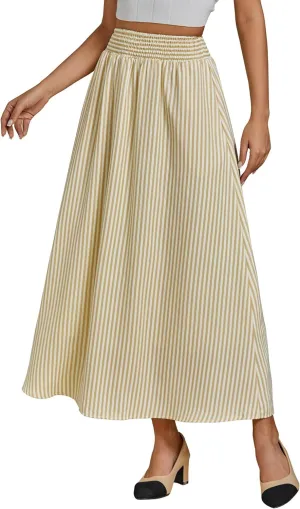 luvamia Striped Skirts for Women Maxi Long Flowy Trendy Smocked Elastic Waist Summer Beach Vacation Skirt with Pockets