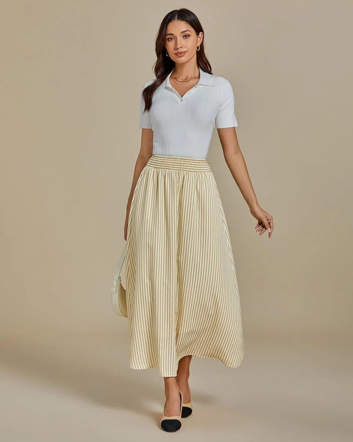 luvamia Striped Skirts for Women Maxi Long Flowy Trendy Smocked Elastic Waist Summer Beach Vacation Skirt with Pockets