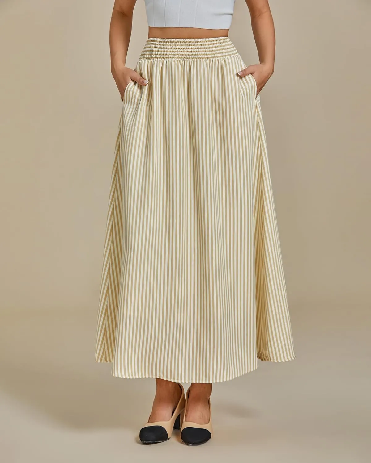 luvamia Striped Skirts for Women Maxi Long Flowy Trendy Smocked Elastic Waist Summer Beach Vacation Skirt with Pockets