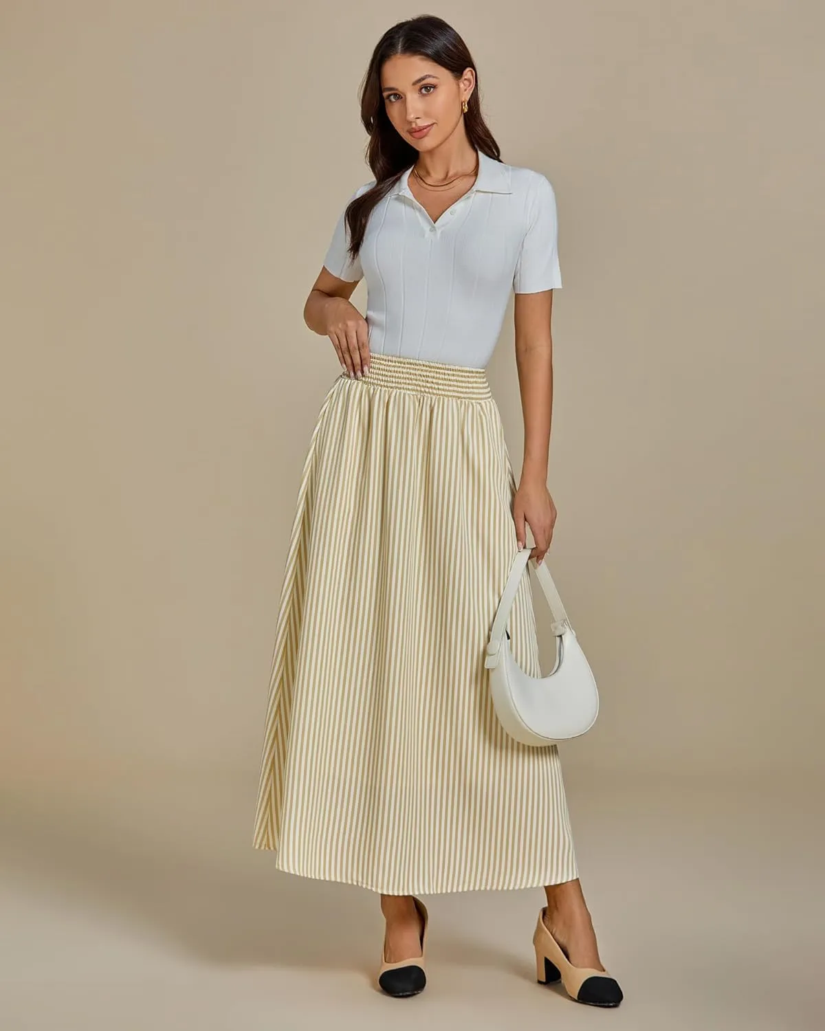 luvamia Striped Skirts for Women Maxi Long Flowy Trendy Smocked Elastic Waist Summer Beach Vacation Skirt with Pockets
