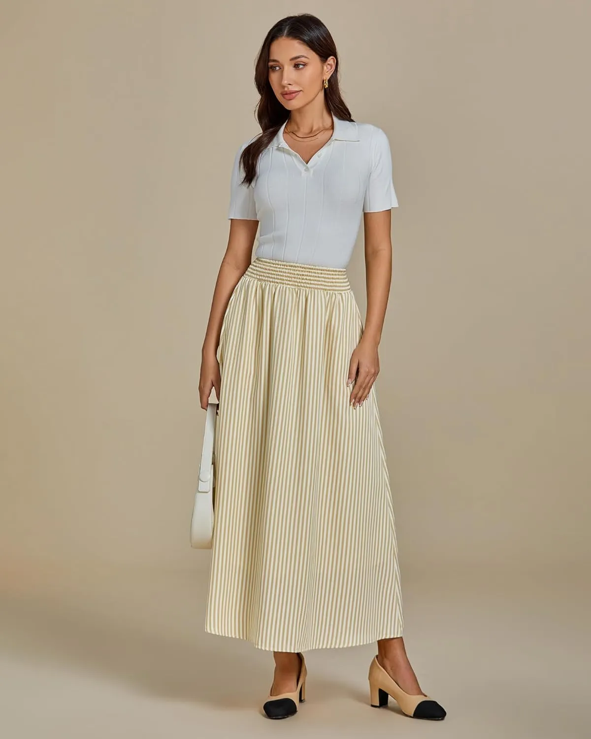 luvamia Striped Skirts for Women Maxi Long Flowy Trendy Smocked Elastic Waist Summer Beach Vacation Skirt with Pockets