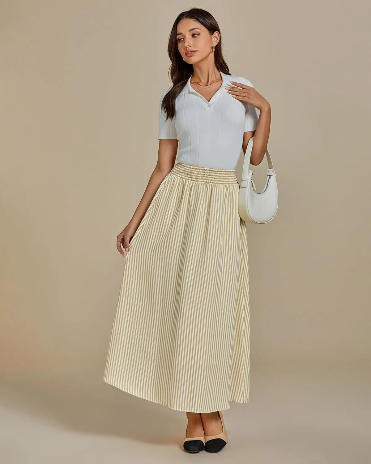 luvamia Striped Skirts for Women Maxi Long Flowy Trendy Smocked Elastic Waist Summer Beach Vacation Skirt with Pockets