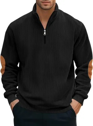 Men's Quarter Zipper Pullover Corduroy Crew Neck Sweatshirt Spring Autumn Casual Knit Long Sleeve Polo Shirt