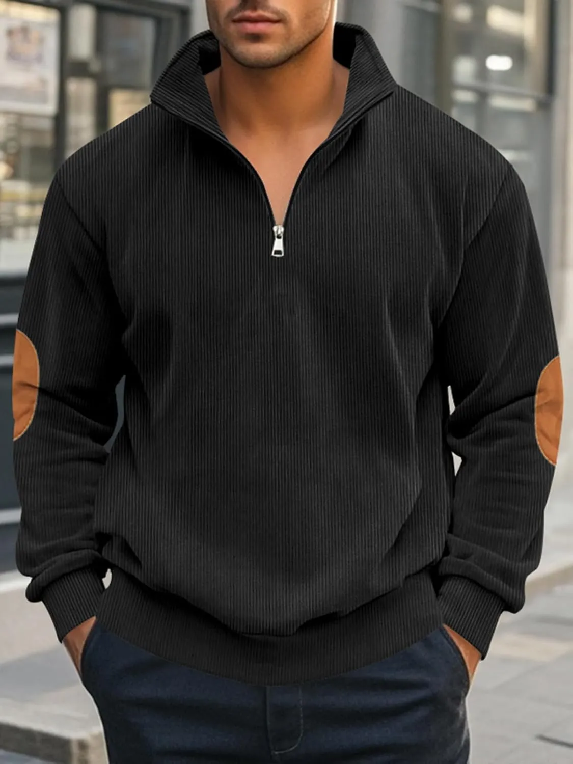 Men's Quarter Zipper Pullover Corduroy Crew Neck Sweatshirt Spring Autumn Casual Knit Long Sleeve Polo Shirt