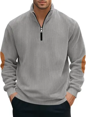 Men's Quarter Zipper Pullover Corduroy Crew Neck Sweatshirt Spring Autumn Casual Knit Long Sleeve Polo Shirt