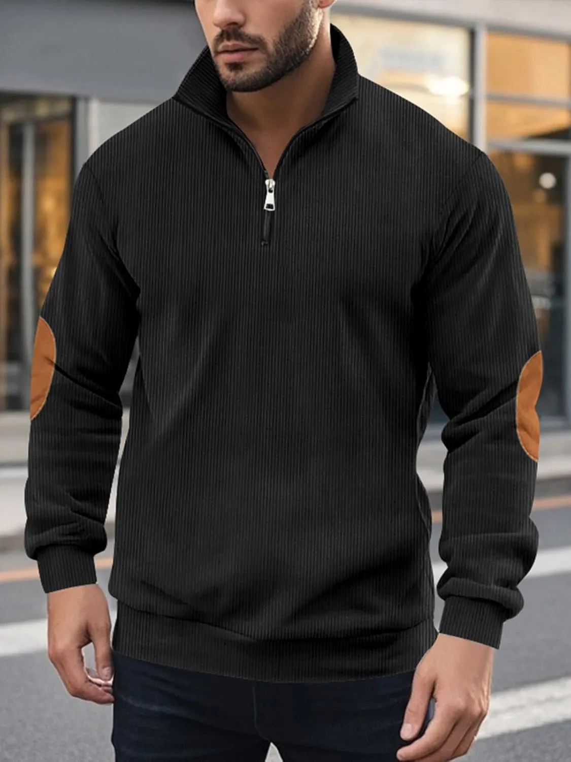 Men's Quarter Zipper Pullover Corduroy Crew Neck Sweatshirt Spring Autumn Casual Knit Long Sleeve Polo Shirt