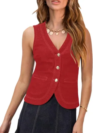 PRETTODAY Women's V Neck Denim Vest Button Down Sleeveless Casual Jean Waistcoast Top
