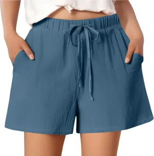 Shorts for Women 2025 Trendy Summer Elastic Beach Shorts with Pockets Linen Solid High Rise Travel Pants Loose Fashion