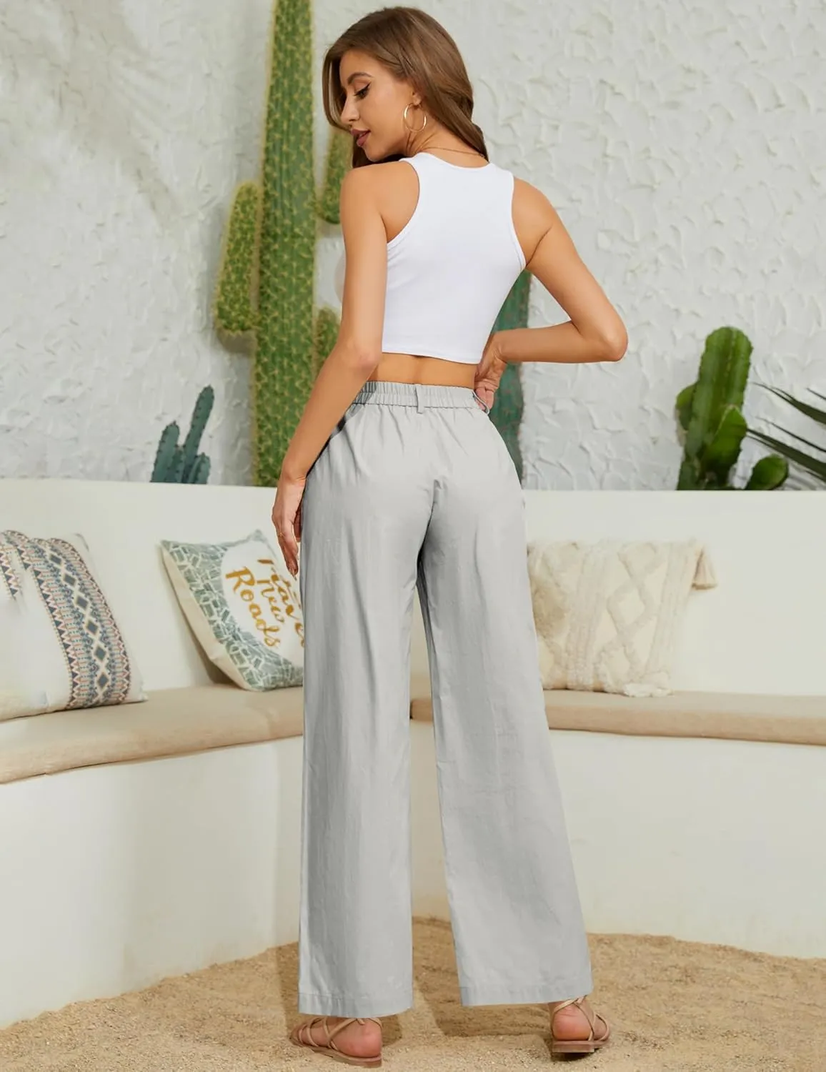Women Casual Baggy Pants Wide Leg Elastic Waist Comfy Long Trendy Lounge Trousers with Pockets