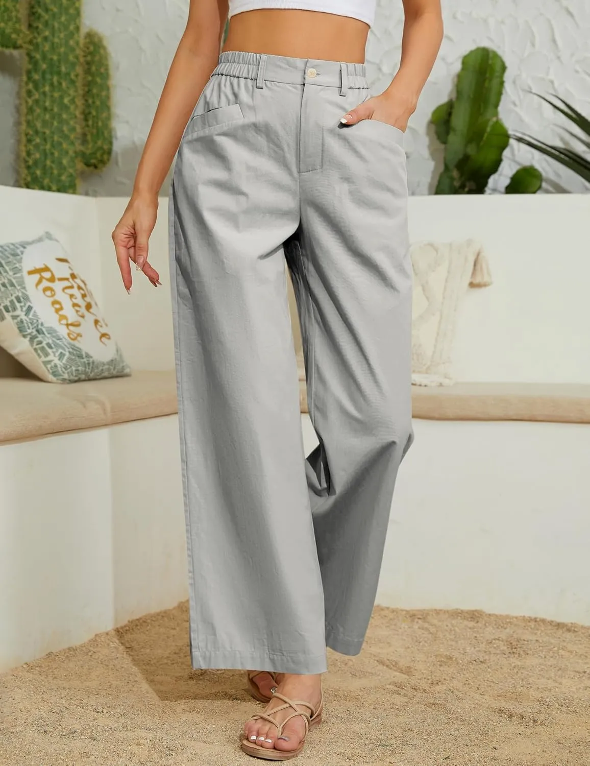 Women Casual Baggy Pants Wide Leg Elastic Waist Comfy Long Trendy Lounge Trousers with Pockets