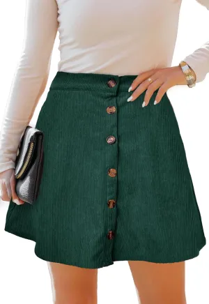 Womens Button Front Mini Skirt A-line Pleated Corduroy Skater Skirts for Women with Pocket