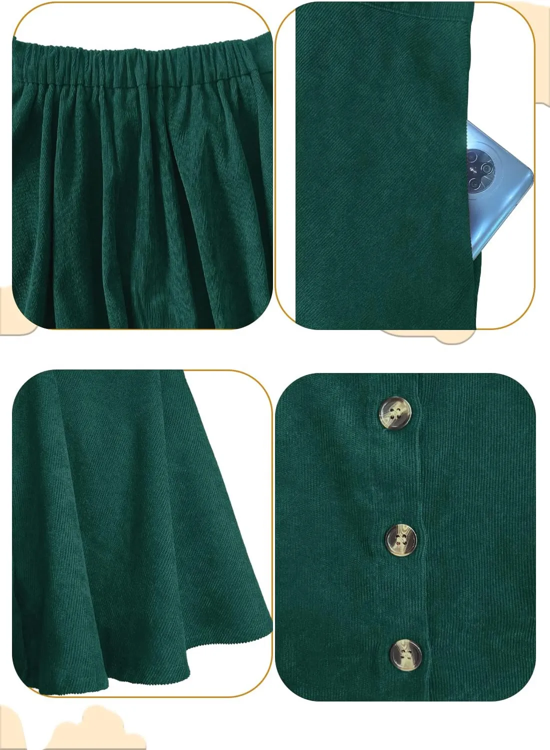 Womens Button Front Mini Skirt A-line Pleated Corduroy Skater Skirts for Women with Pocket
