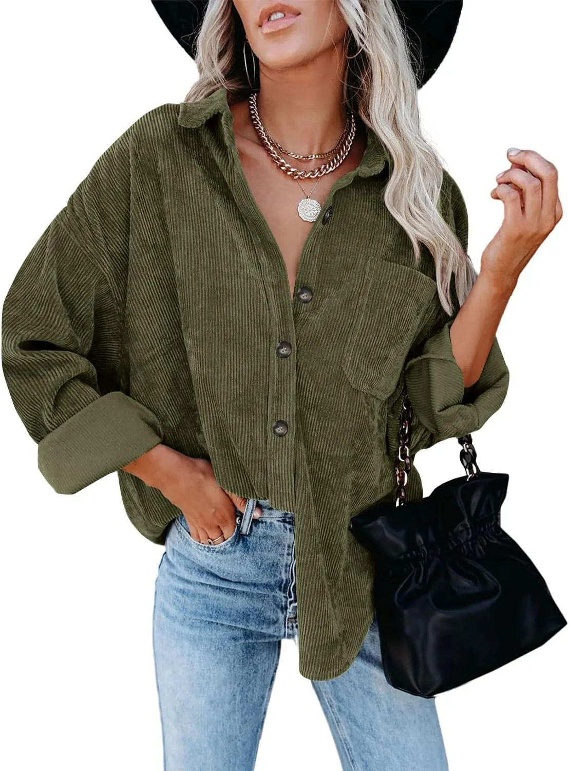 ZOLUCKY Womens Shackets Jacket Plus Size Long Sleeve Button Down Shirts Blouses Tops
