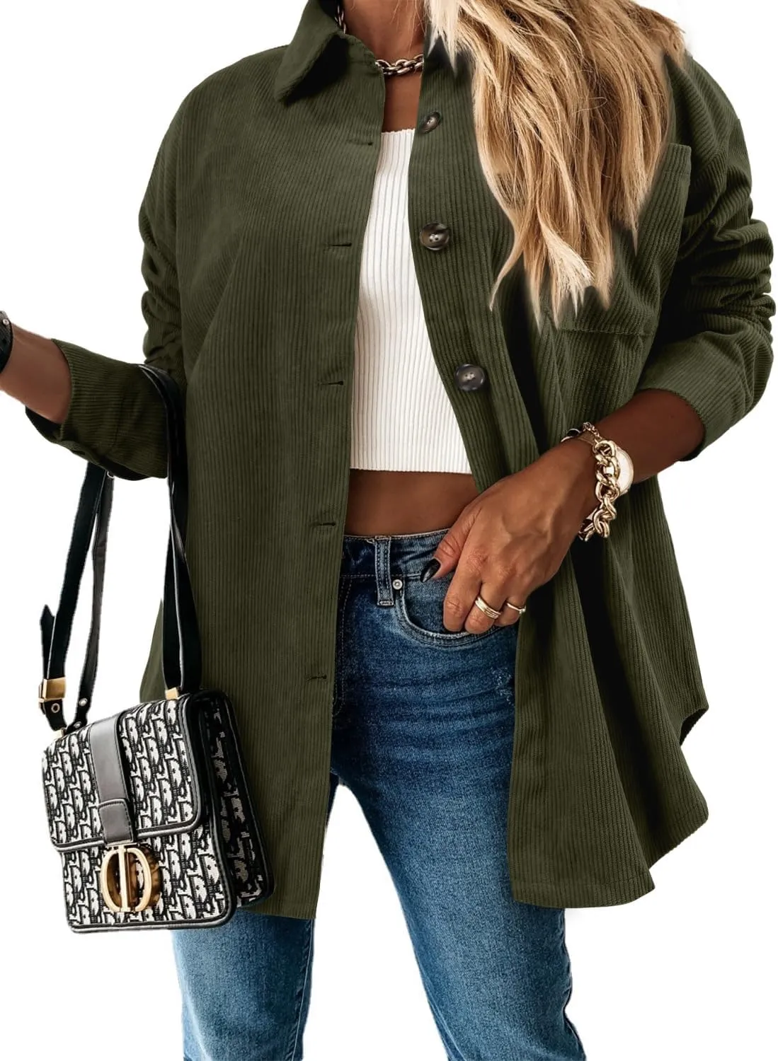 ZOLUCKY Womens Shackets Jacket Plus Size Long Sleeve Button Down Shirts Blouses Tops
